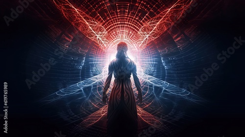 Person standing with his back in front of dimensional portal. Generative AI