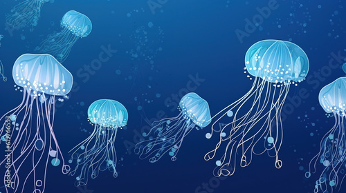little blue luxury art background with hand drawn to much jellyfish in line style. Animal banner with sea animals for decoration, print, wallpaper, interior design, textile