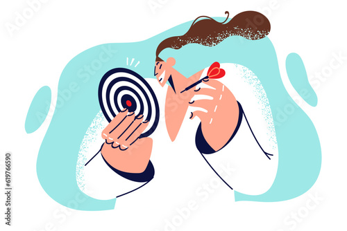 Woman with target and dagger wants to achieve goal in business or personal life.