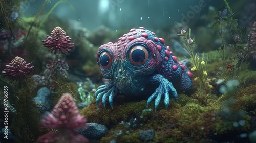 Fantasy tropical creature in jungle. Cute fictional animal. Generative AI