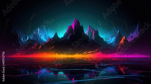 Abstract landscape with neon mountains. Generative AI © Soulmate