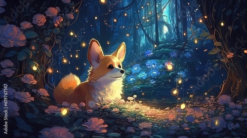 Cartoon cute corgi dog in magical forest. Generative AI © Soulmate