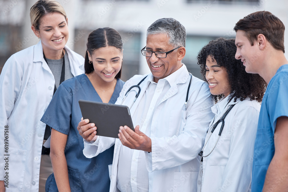 Tablet, doctors and healthcare people at hospital outdoor with clinic management, research and online teamwork. Group, telehealth and medical staff, nurses and mentor with digital technology training Tablet, doctors and healthcare people at hospital outdoor with clinic management, research and online teamwork. Group, telehealth and medical staff, nurses and mentor with digital technology training