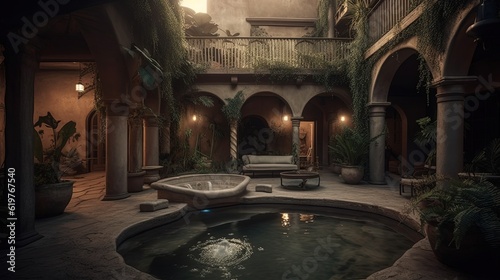 Ancient Babylon patio with fountain. Generative AI