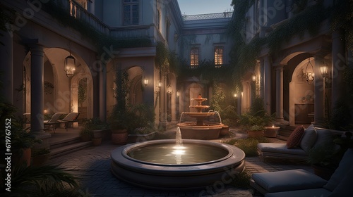Ancient Babylon patio with fountain. Generative AI
