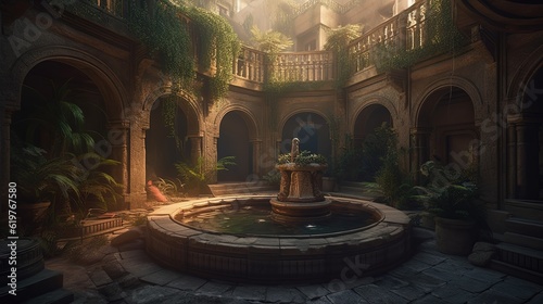 Ancient Babylon patio with fountain. Generative AI