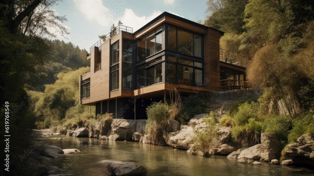 Obraz premium A house in nature by a river