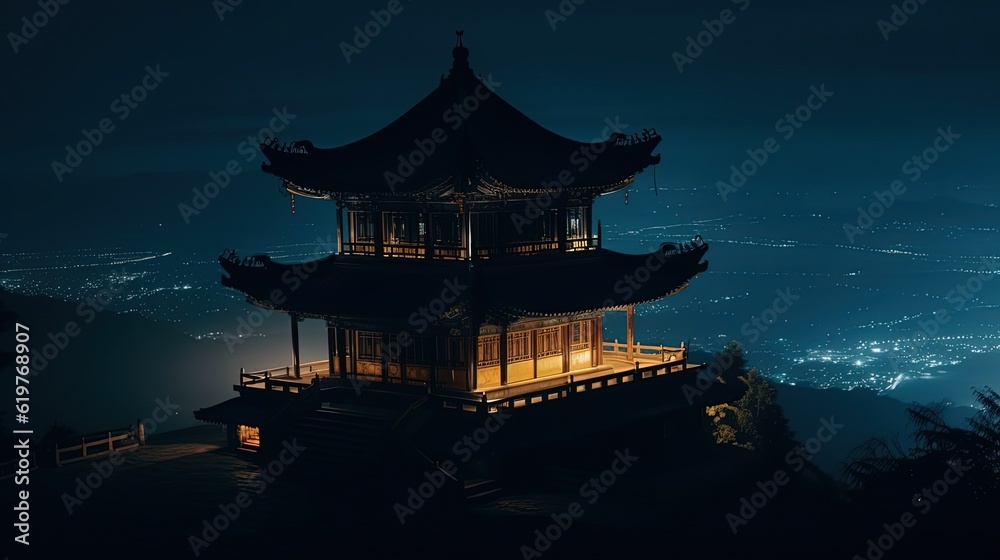 Fototapeta premium Buddhist temple on a hill at night. Generative AI
