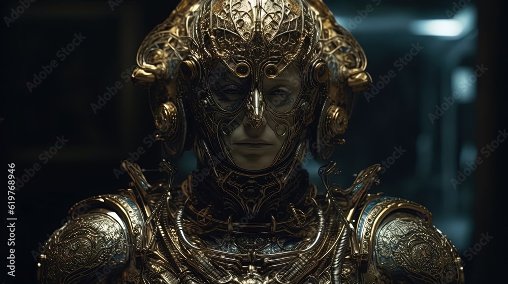 Ethereal steel humanoid. Robot creature. Alien steel statue. Generative AI Ethereal steel humanoid. Robot creature. Alien steel statue. Generative AI
