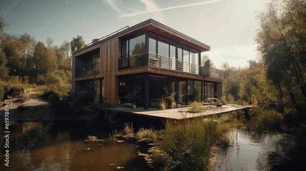 A house in nature by a river A house in nature by a river