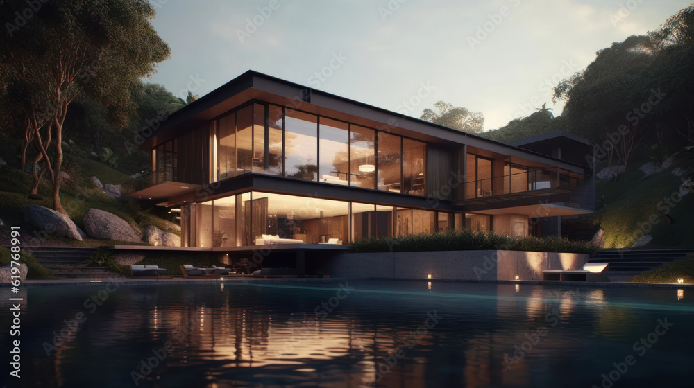 A house in nature by a river A house in nature by a river