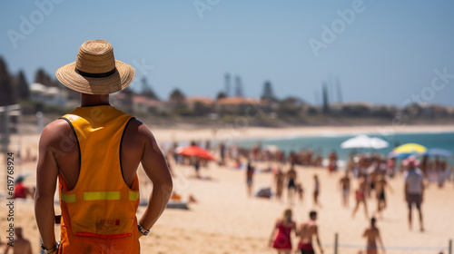 A lifeguard watching over a crowded beach, ensuring the safety and well-being of beachgoers Generative AI