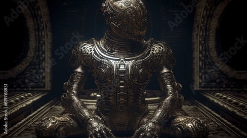 Ethereal steel humanoid. Robot creature. Alien steel statue. Generative AI