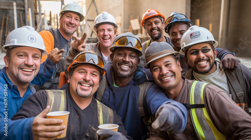 A group of construction workers taking a break and sharing camaraderie, celebrating their hard work and accomplishments Generative AI