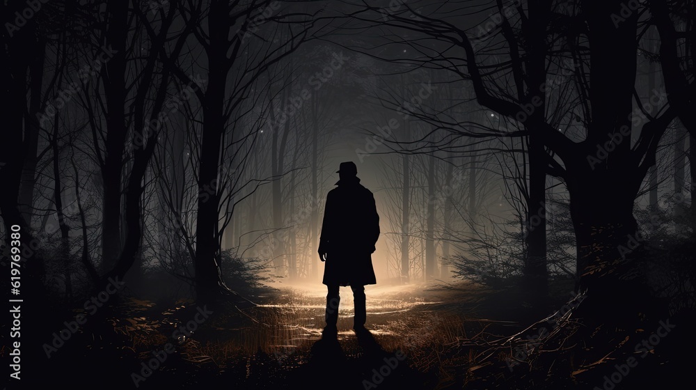 Silhouette of a man in forest at night. Generative AI Silhouette of a man in forest at night. Generative AI