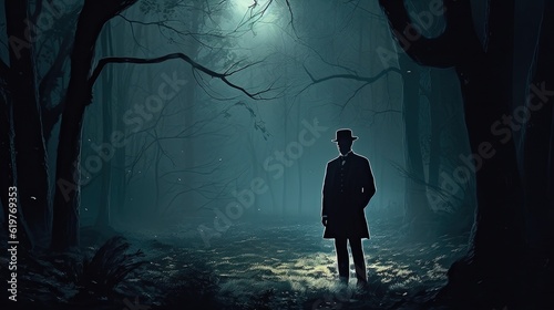 Silhouette of a man in forest at night. Generative AI