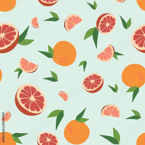 Fototapeta Naklejka Na Ścianę i Meble -  Seamless Vector grapefruit pattern. Summer flat background. Tropical fruit isolated on green background. Design art for picnic blanket, swimsuit. Template for textile, wrapping paper, postcard, banner