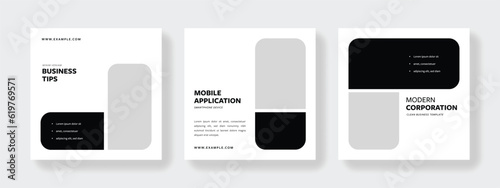 Clean monochrome social media templates pack with black background elements. Instagram posts for business with place for photos	