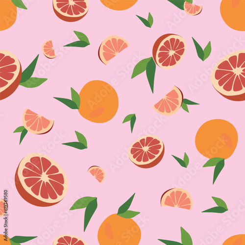 Fototapeta Naklejka Na Ścianę i Meble -  Seamless Vector grapefruit pattern. Summer flat background. Tropical fruits isolated on pink backdrop. Design art for picnik blanket, swimsuit. Template for textile, wrapping paper, postcard, banner.
