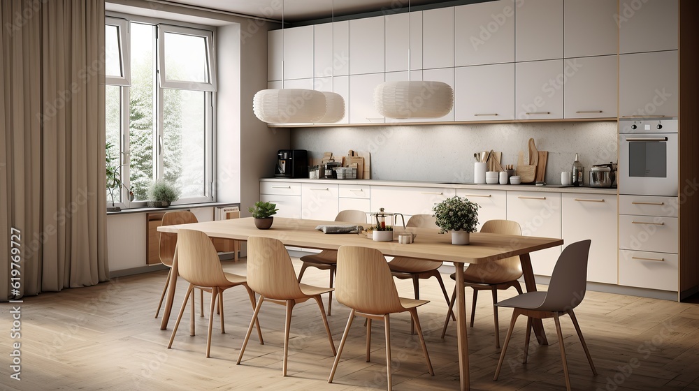 Modern interior design of Scandinavian kitchen with dining table and chairs, Generative AI