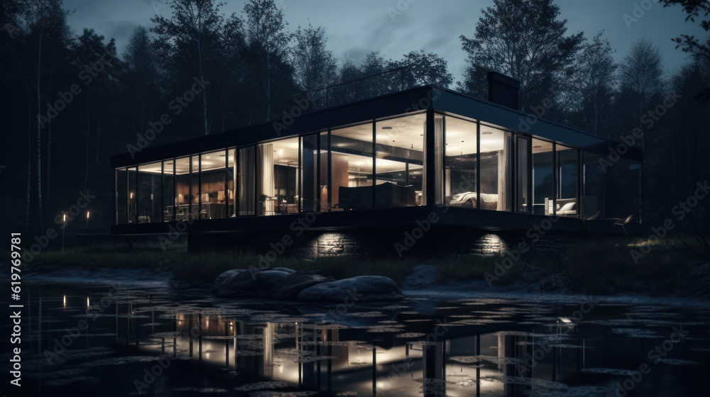 A house in nature by a river A house in nature by a river