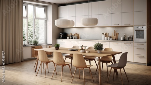 Modern interior design of Scandinavian kitchen with dining table and chairs  Generative AI