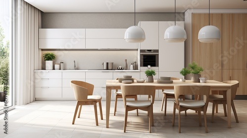 Modern interior design of Scandinavian kitchen with dining table and chairs, Generative AI