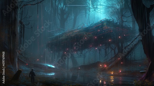 Cyberpunk forest. Generative AI