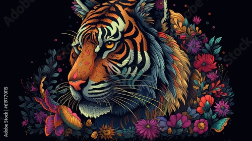 Tiger in flowers. Generative AI