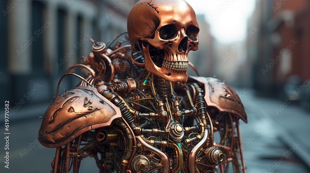 Fototapeta premium Steampunk golden robotic skeleton. Mechanical robotic skeleton. Generative AI