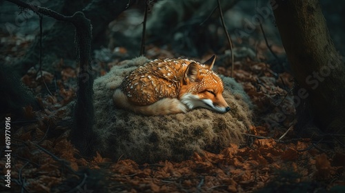 Fox sleeping on a stone-like mushroom. Generative AI