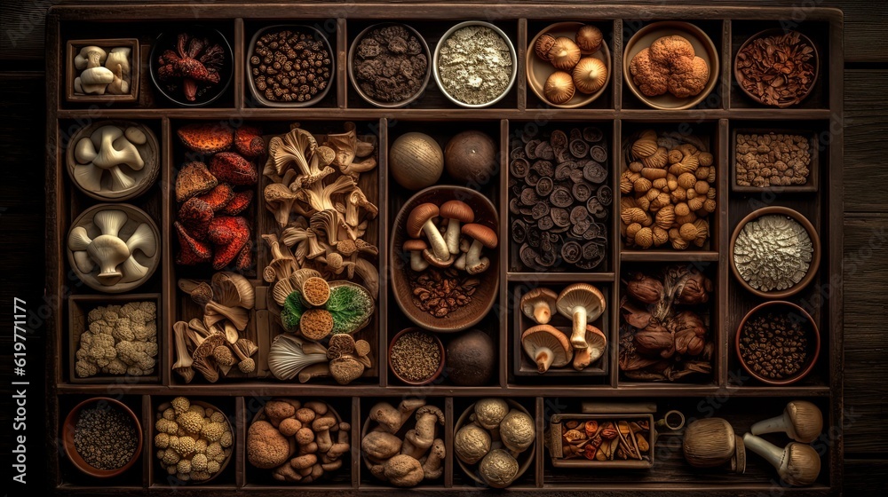 Various food with mushrooms, vegetables on a wooden tray. Generative AI Various food with mushrooms, vegetables on a wooden tray. Generative AI