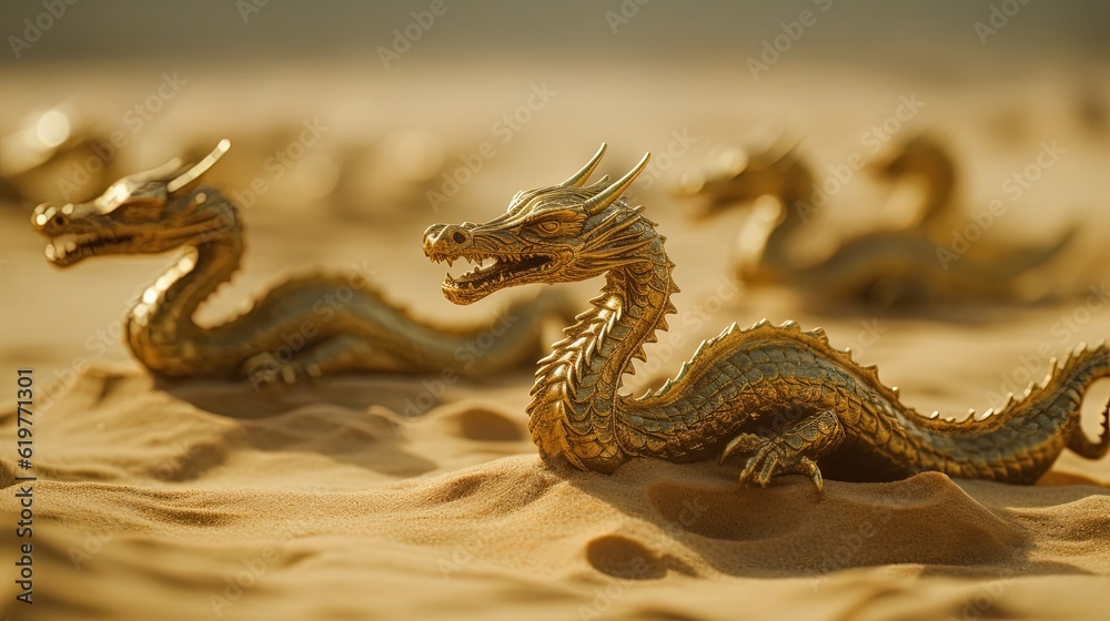 Fototapeta premium Golden desert with dragon. Generative AI