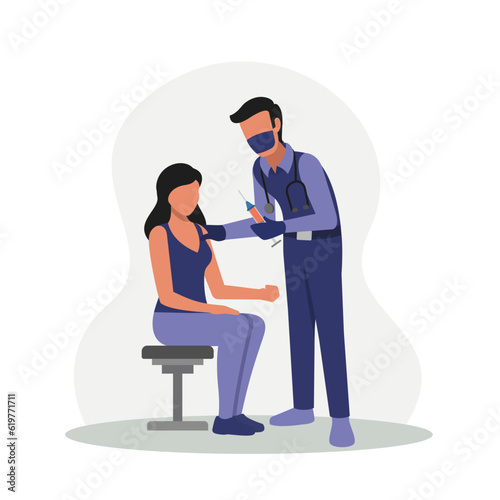 Young lady ready for vaccination, sitting in ward in clinic. Protection from pandemic outbreak. Concept of antiviral vaccination. Boosting immune system health. Vector flat illustration in blue colors