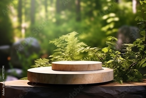 Green Wooden Product Display Podium. Generative AI ©  Creative_studio