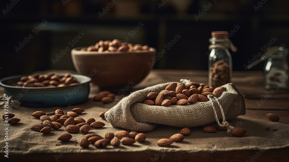 Almonds on rustic table with burlap. Generative AI