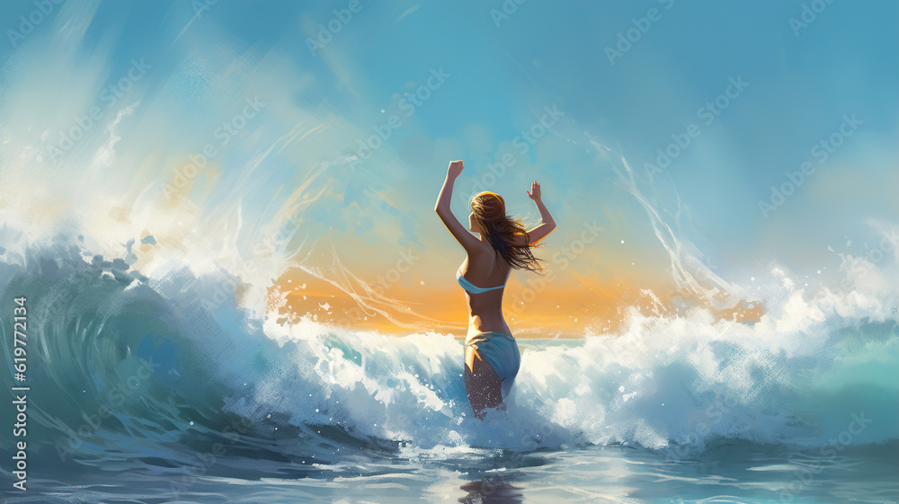 Beautiful Woman in Ocean Waves at Sunset. Young Girl Swimming at Sunny Tropical Sea Beach Water splash. Enjoying Summer and relaxing vacation holiday. Healthy lifestyle, Female in sexy swimwear bikini