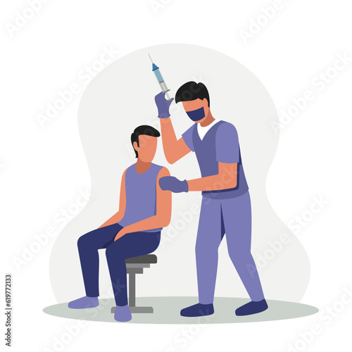 Doctor standing near patient, giving injection to patient, boosting immune system health. Young patient and doctor engaged in flu vaccination in hospital. Vector illustration