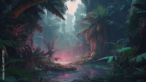 Pastel tropical rainy jungle. Colorful jungle. Generative AI