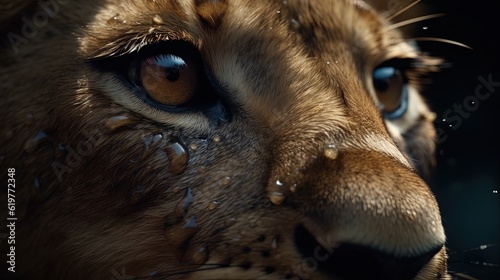 Close-up face of lioness. Generative AI