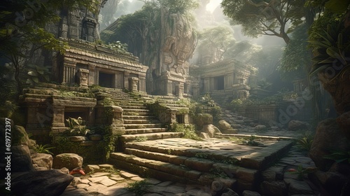 Ancient fantasy temple in the jungle. Generative AI