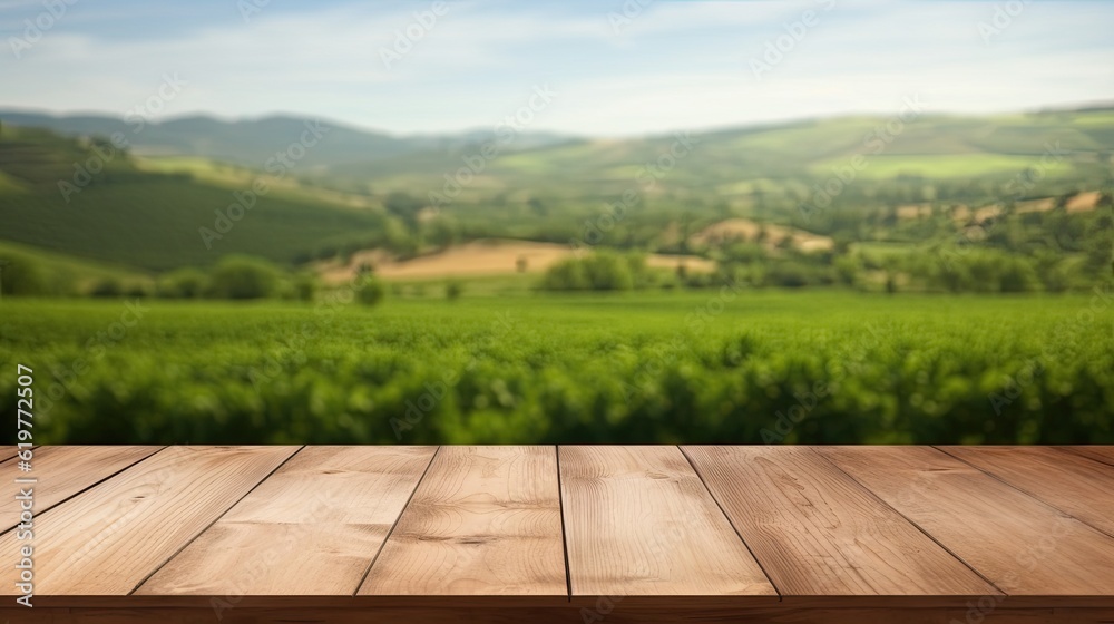 Empty wood table top with on blurred green vineyard landscape background in spring, Generative AI