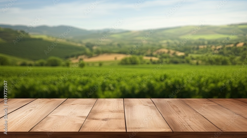 Empty wood table top with on blurred green vineyard landscape background in spring, Generative AI Empty wood table top with on blurred green vineyard landscape background in spring, Generative AI