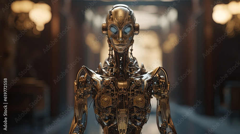 Fototapeta premium Metallic gold robot. Generative AI