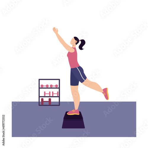 Active woman preforming exercises. Female doing sports in gym. Regular physical activity. Morning workout to loss weight. Active and healthy lifestyle. Vector illustration in blue colors