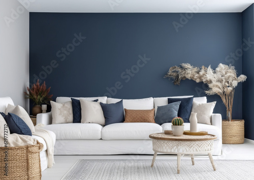  blank wall coastal beach  style interior mockup living room with sofa and details