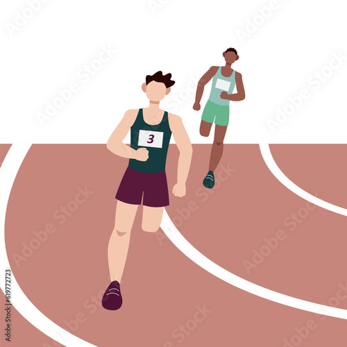 Multicultural males in sporty clothes running around stadium. Regular physical activity and healthy lifestyle. Training outdoor alone. Morning workout time. Vector flat illustration