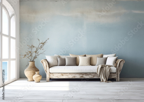 Wallpaper Mural  blank wall coastal beach  style interior mockup living room with sofa and details Torontodigital.ca
