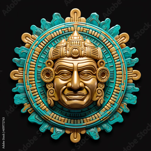 A gold Inca Mayan Aztec god head metal emblem. 3D style artifact metal badge. Coat of arms Inca god head. Inca god head metal insignia. Mayan badge. Ancient Medallion