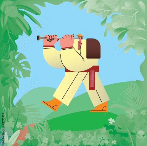 Flat cartoon character of man in traditional hutsul clothes playing flute in the forest, vector illustration